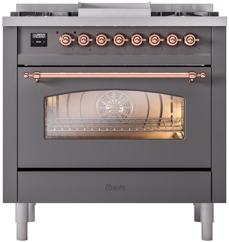 Nostalgie II 36 Inch Dual Fuel Liquid Propane Freestanding Range in Matte Graphite with Copper Trim