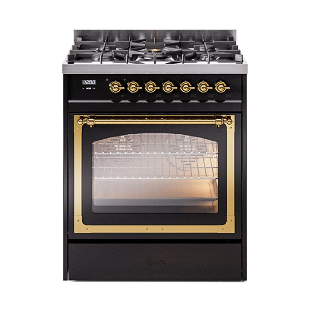ILVE UN30NMPBKGLP Nostalgie II Noblesse 30 inch Dual Fuel Range (Liquid Propane, Triple Glass Door, Glossy Black, Brass)