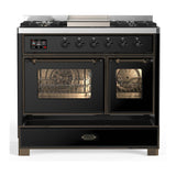 ILVE UMD40FNR3BKBLP Majestic III 40 inch Dual Fuel Range with 6 Burners and Griddle, Dual Function Burner up to 25,000 BTU (Liquid Propane, Triple Glass Door, Glossy Black, Burnished)