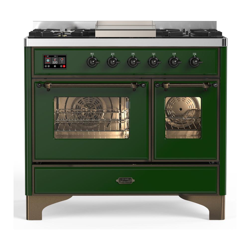 ILVE UMD40FNR3EGBLP Majestic III 40 inch Dual Fuel Range with 6 Burners and Griddle, Dual Function Burner up to 25,000 BTU (Liquid Propane, Triple Glass Door, Emerald Green, Burnished)