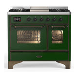 ILVE UMD40FNR3EGBLP Majestic III 40 inch Dual Fuel Range with 6 Burners and Griddle, Dual Function Burner up to 25,000 BTU (Liquid Propane, Triple Glass Door, Emerald Green, Burnished)