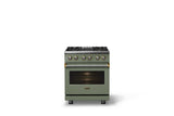 30"W. Dual Fuel Range (Finish: Eucalyptus, Trim: Brushed Brass, Fuel: Natural Gas)