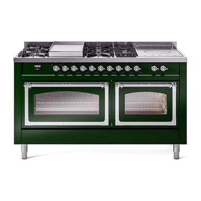 ILVE UN60FSNMPEGCLP Nostalgie II Noblesse 60 inch Dual Fuel Range (7 Sealed Burners + Griddle + French Top, Liquid Propane, Triple Glass Door, Emerald Green, Chrome)
