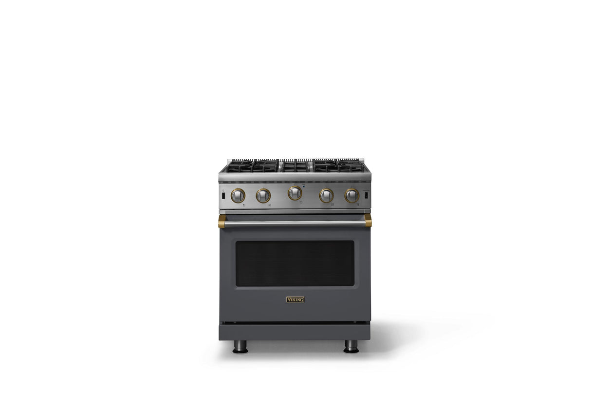 30"W. Open Burner Gas Range (Finish: Cast Black, Trim: Brushed Brass, Fuel: Propane)