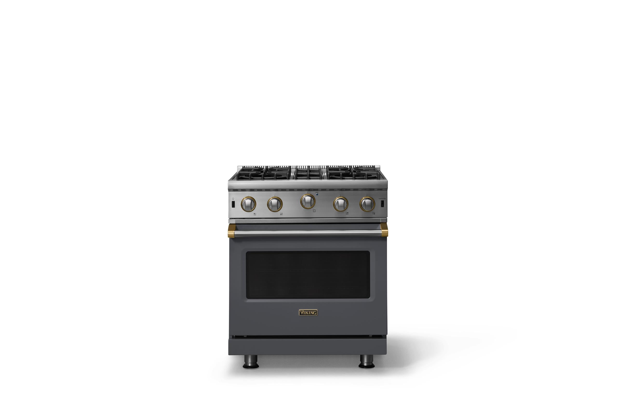 30"W. Open Burner Gas Range (Finish: Cast Black, Trim: Brushed Brass, Fuel: Propane)