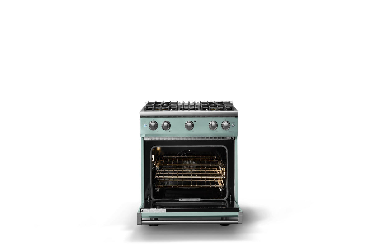 30"W. Sealed Burner Gas Range (Finish: Splash, Trim: Polished Chrome, Fuel: Natural Gas)