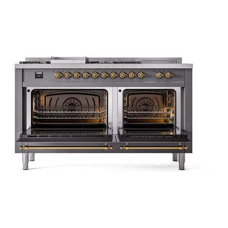 ILVE UN60FSQNMPMGGLP Nostalgie II Noblesse 60 inch Dual Fuel Range (7 Sealed Burners + Griddle + French Top, Liquid Propane, Solid Door, Graphite Matte, Brass)
