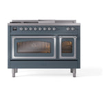 ILVE UN48FSNMPBGCLP Nostalgie II Noblesse 48 inch Dual Fuel Range (5 Sealed Burners + Griddle + French Top, Liquid Propane, Triple Glass Door, Blue Grey, Chrome)