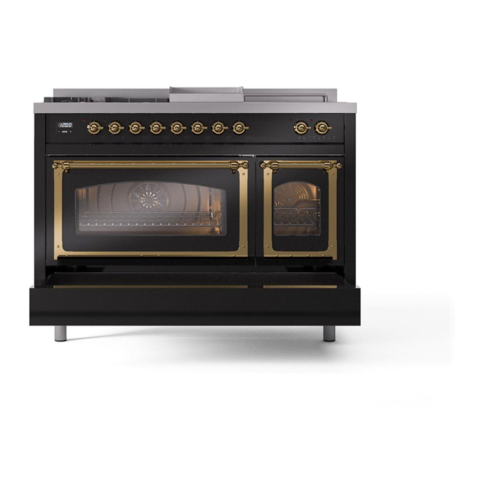ILVE UN48FSNMPBKGLP Nostalgie II Noblesse 48 inch Dual Fuel Range (5 Sealed Burners + Griddle + French Top, Liquid Propane, Triple Glass Door, Glossy Black, Brass)