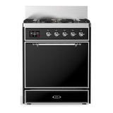 ILVE UM30QNR3BKC Majestic III 30 inch Dual Fuel Range with 5 Black Brass Burners, Dual Function Burner up to 25,000 BTU (Natural Gas, Solid Door, Glossy Black, Chrome)