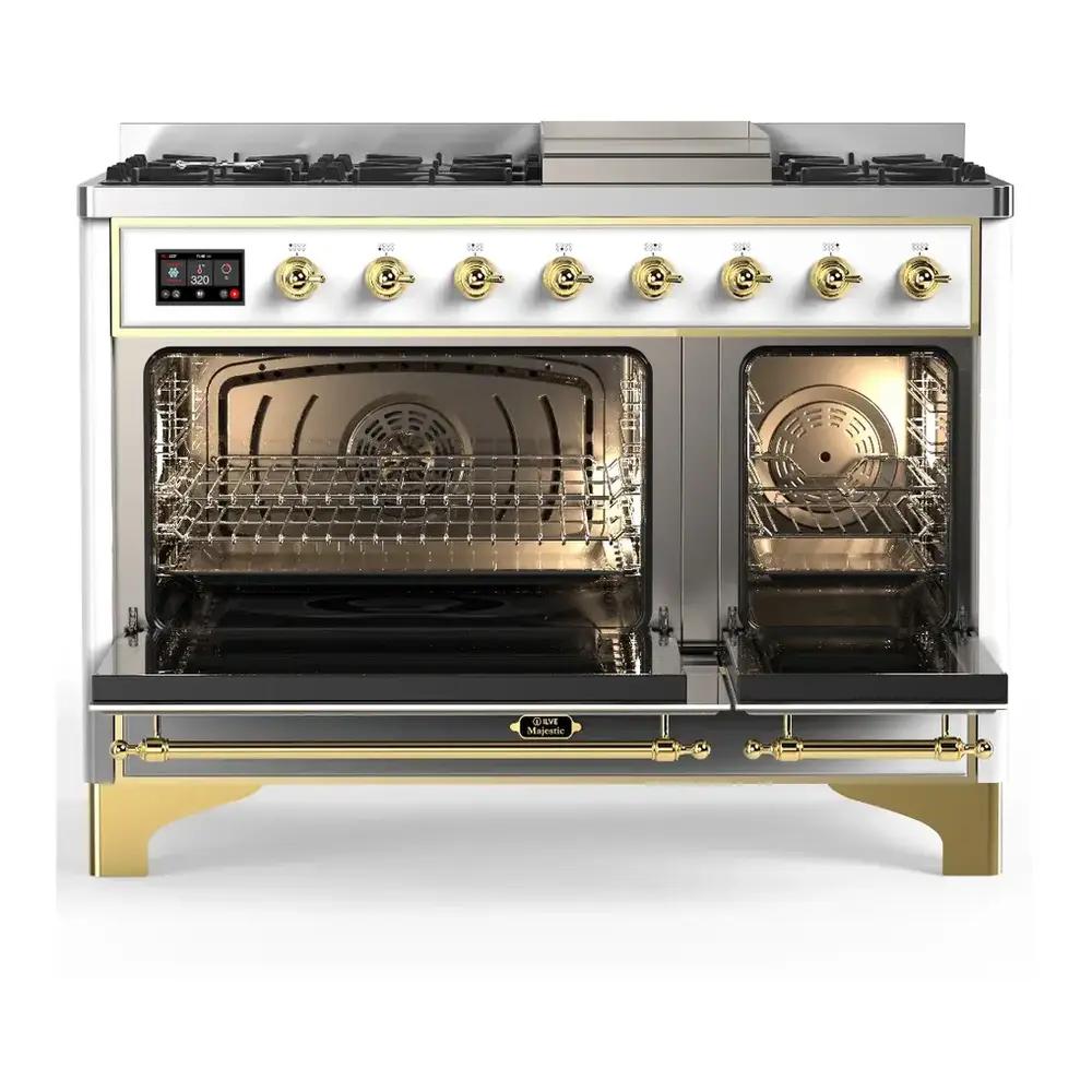ILVE UM48FNR3RAG Majestic III 48 inch Dual Fuel Range with 8 Burners and Griddle, Dual Function Burner up to 25,000 BTU (Natural Gas, Triple Glass Door, RAL, Brass)