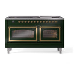 ILVE UN60FNMPEGG Nostalgie II Noblesse 60 inch Dual Fuel Range (9 Sealed Burners + Griddle, Natural Gas, Triple Glass Door, Emerald Green, Brass)