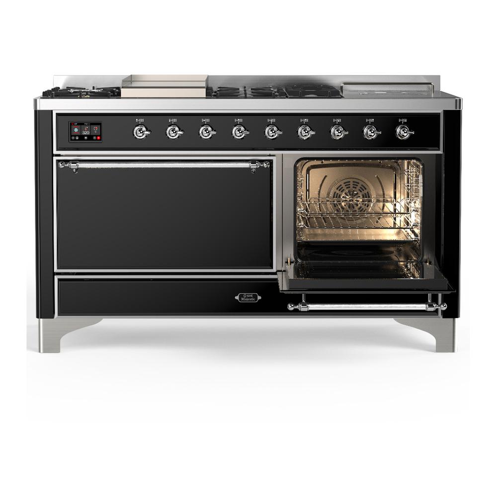 ILVE UM60FSQNR3BKC Majestic III 60 inch Dual Fuel Range with 7 Burners, Griddle and French Top, Dual Function Burner with up to 25,000 BTU (Natural Gas, Solid Door, Glossy Black, Chrome)