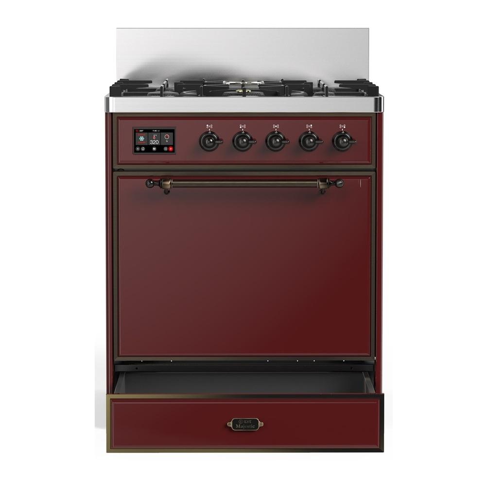 ILVE UM30QNR3BUBLP Majestic III 30 inch Dual Fuel Range with 5 Black Brass Burners, Dual Function Burner up to 25,000 BTU (Liquid Propane, Solid Door, Burgundy, Burnished)