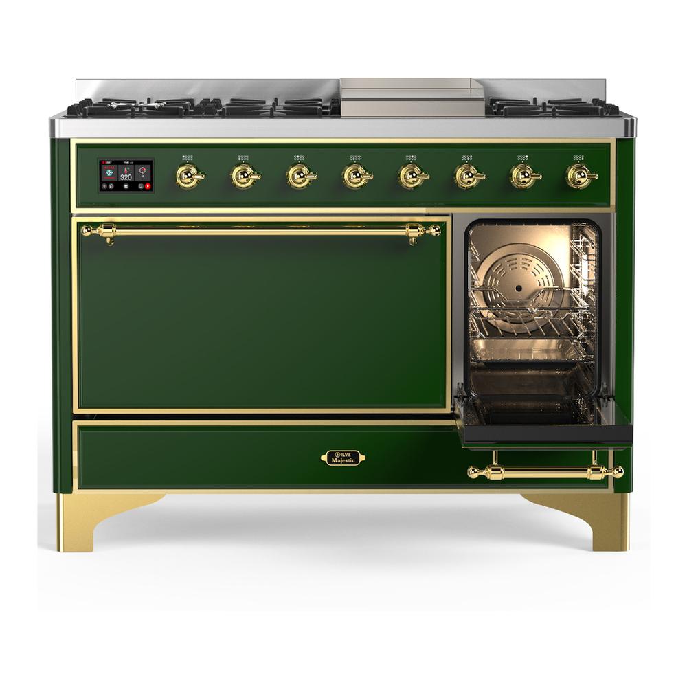 ILVE UM48FQNR3EGGLP Majestic III 48 inch Dual Fuel Range with 8 Burners and Griddle, Dual Function Burner up to 25,000 BTU (Liquid Propane, Solid Door, Emerald Green, Brass)