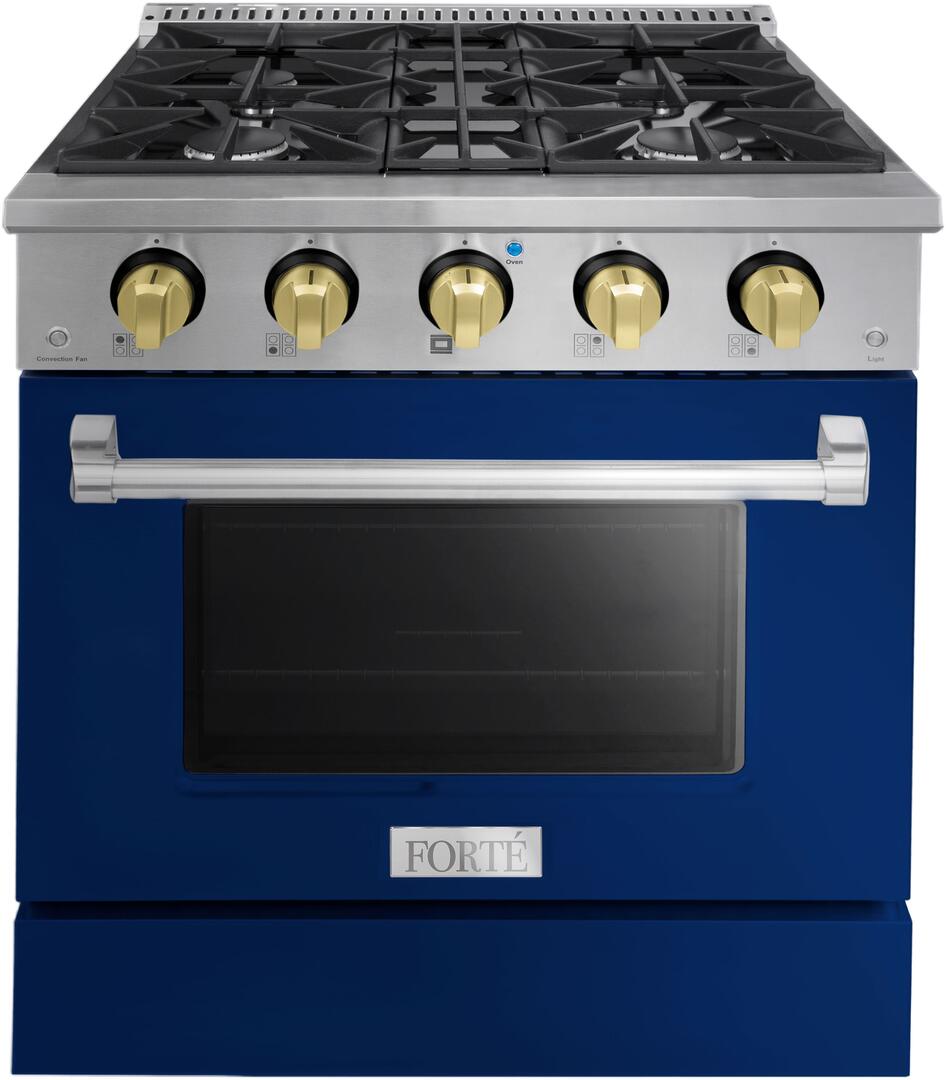 FGR304BBL42 30" All Gas Freestanding Range in Blue with Brass Knob Kit Set and Black Bezel Kit Set
