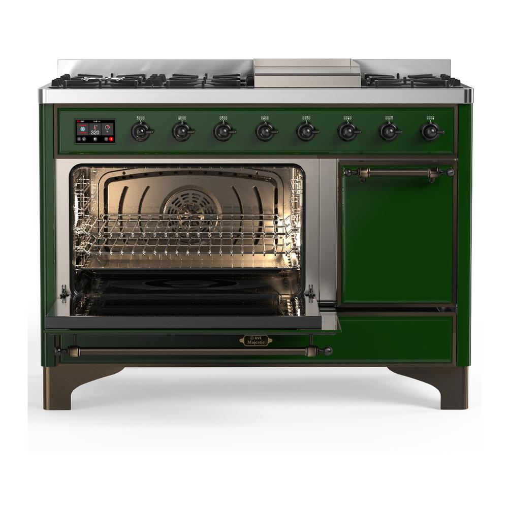 ILVE UM48FQNR3EGB Majestic III 48 inch Dual Fuel Range with 8 Burners and Griddle, Dual Function Burner up to 25,000 BTU (Natural Gas, Solid Door, Emerald Green, Burnished)
