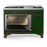ILVE UM48FQNR3EGB Majestic III 48 inch Dual Fuel Range with 8 Burners and Griddle, Dual Function Burner up to 25,000 BTU (Natural Gas, Solid Door, Emerald Green, Burnished)