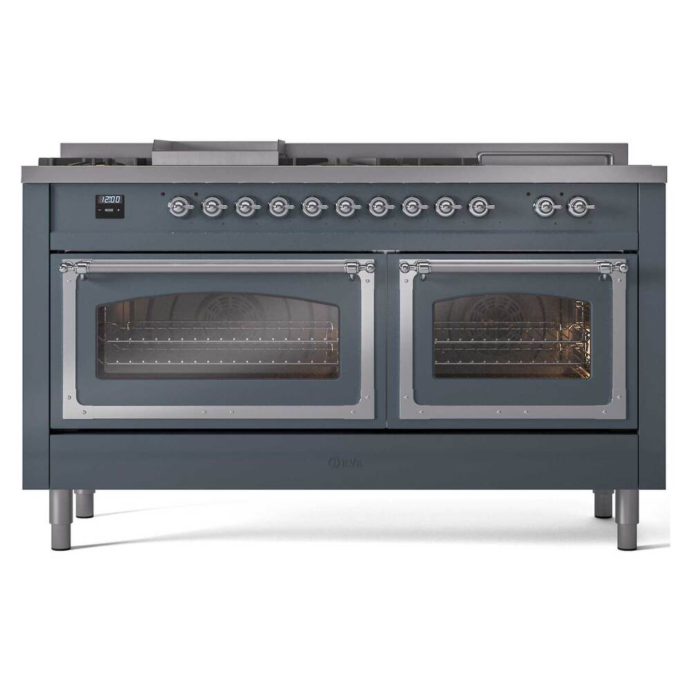 ILVE UN60FSNMPBGC Nostalgie II Noblesse 60 inch Dual Fuel Range (7 Sealed Burners + Griddle + French Top, Natural Gas, Triple Glass Door, Blue Grey, Chrome)
