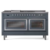 ILVE UN60FSNMPBGC Nostalgie II Noblesse 60 inch Dual Fuel Range (7 Sealed Burners + Griddle + French Top, Natural Gas, Triple Glass Door, Blue Grey, Chrome)