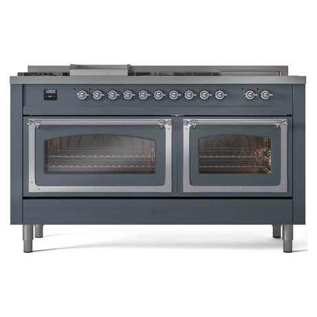 ILVE UN60FSNMPBGC Nostalgie II Noblesse 60 inch Dual Fuel Range (7 Sealed Burners + Griddle + French Top, Natural Gas, Triple Glass Door, Blue Grey, Chrome)