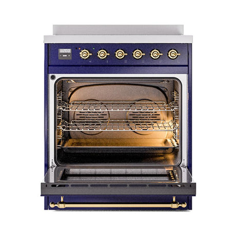 ILVE UNI304QNMPMBG Nostalgie II Noblesse 30 inch Induction Range (Solid Door, Midnight Blue, Brass)