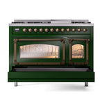 ILVE UN48FNMPEGB Nostalgie II Noblesse 48 inch Dual Fuel Range (8 Sealed Burners + Griddle, Natural Gas, Triple Glass Door, Emerald Green, Burnished)