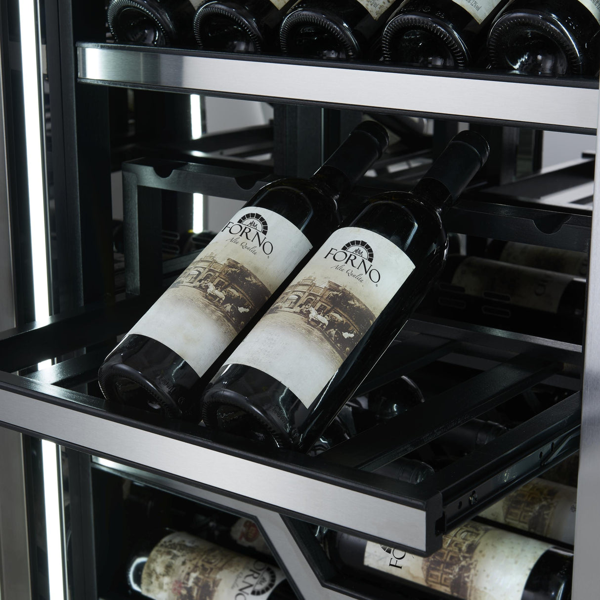 FORNO Abruzzo 48-Inch Dual Zone Wine Cellar, 102 Bottles, 24 cu. ft., Clear Acrylic Holders & Stainless Trim Shelves