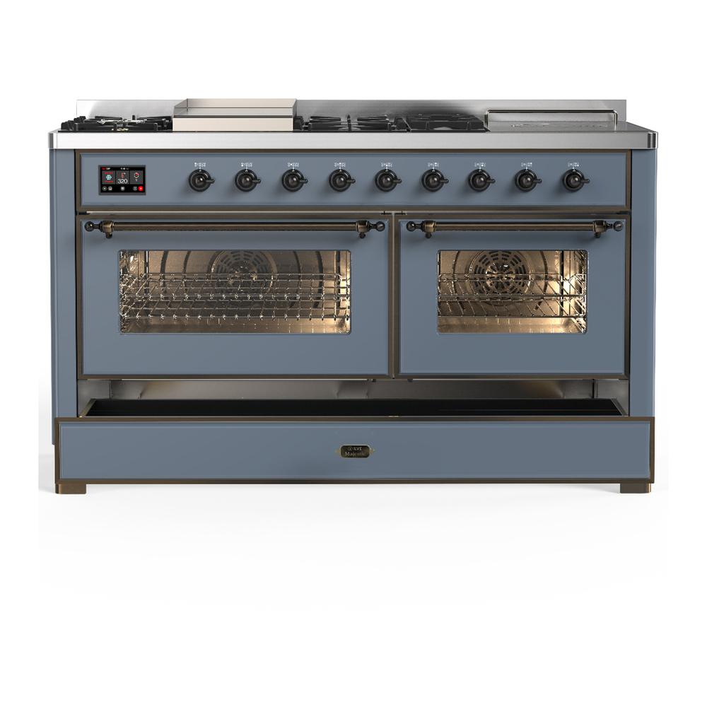 ILVE UM60FSNR3BGBLP Majestic III 60 inch Dual Fuel Range with 7 Burners, Griddle and French Top, Dual Function Burner with up to 25,000 BTU (Liquid Propane, Triple Glass Door, Blue Grey, Burnished)