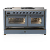 ILVE UM60FSNR3BGBLP Majestic III 60 inch Dual Fuel Range with 7 Burners, Griddle and French Top, Dual Function Burner with up to 25,000 BTU (Liquid Propane, Triple Glass Door, Blue Grey, Burnished)