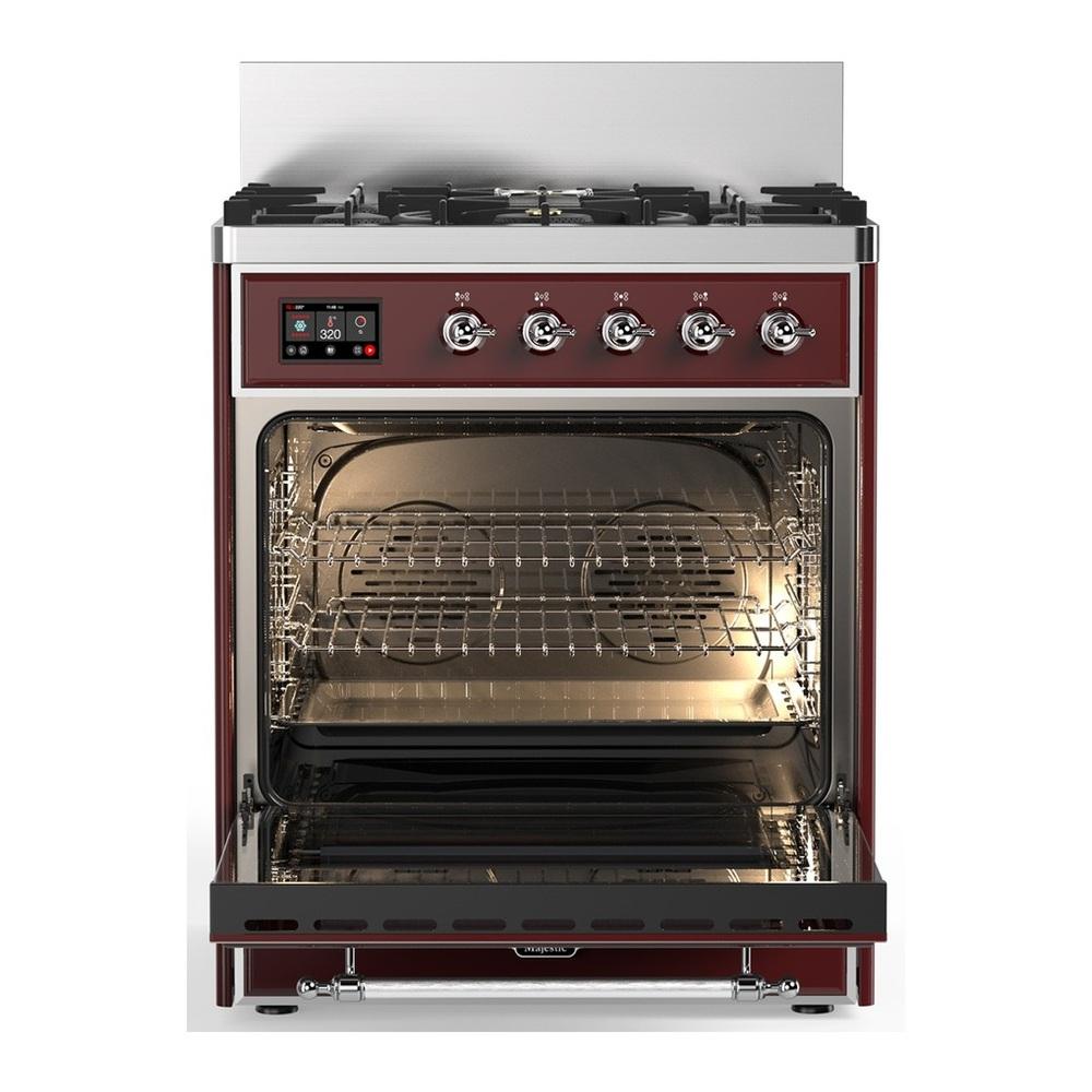 ILVE UM30NR3BUC Majestic III 30 inch Dual Fuel Range with 5 Black Brass Burners, Dual Function Burner up to 25,000 BTU (Natural Gas, Triple Glass Door, Burgundy, Chrome)