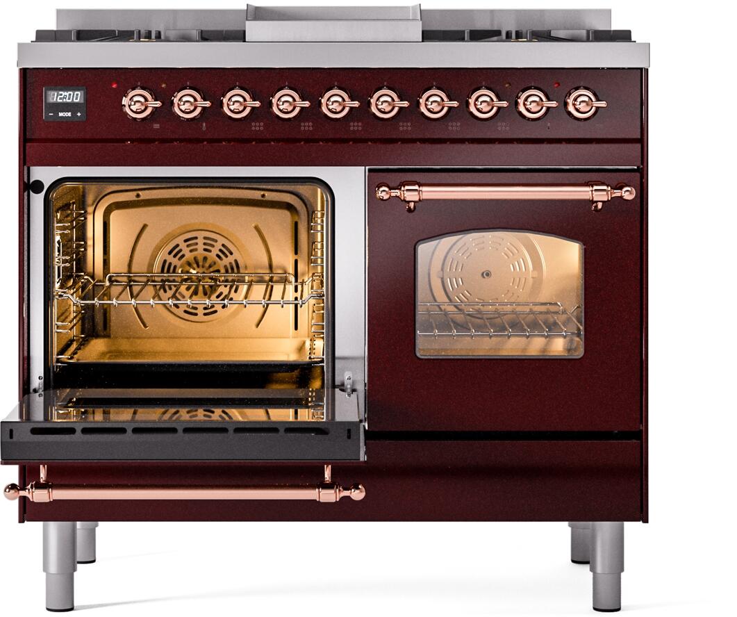 Nostalgie II 40 Inch Dual Fuel Liquid Propane Freestanding Range in Burgundy with Copper Trim