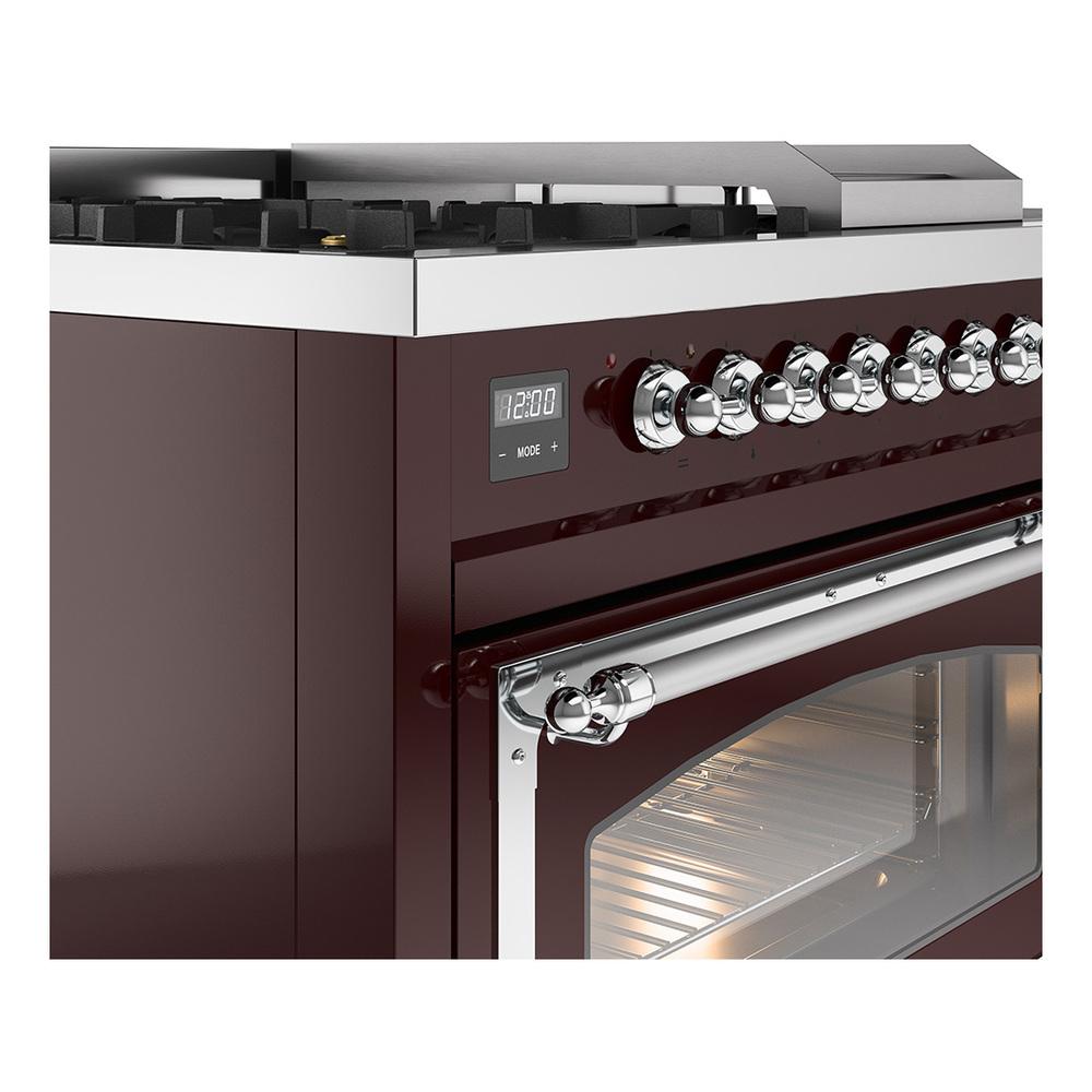 ILVE UN48FSNMPBUCLP Nostalgie II Noblesse 48 inch Dual Fuel Range (5 Sealed Burners + Griddle + French Top, Liquid Propane, Triple Glass Door, Burgundy, Chrome)