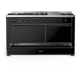 ILVE UM60FQNR3BKBLP Majestic III 60 inch Dual Fuel Range with 9 Burners and Griddle, Dual Function Burner up to 25,000 BTU (Liquid Propane, Solid Door, Glossy Black, Burnished)