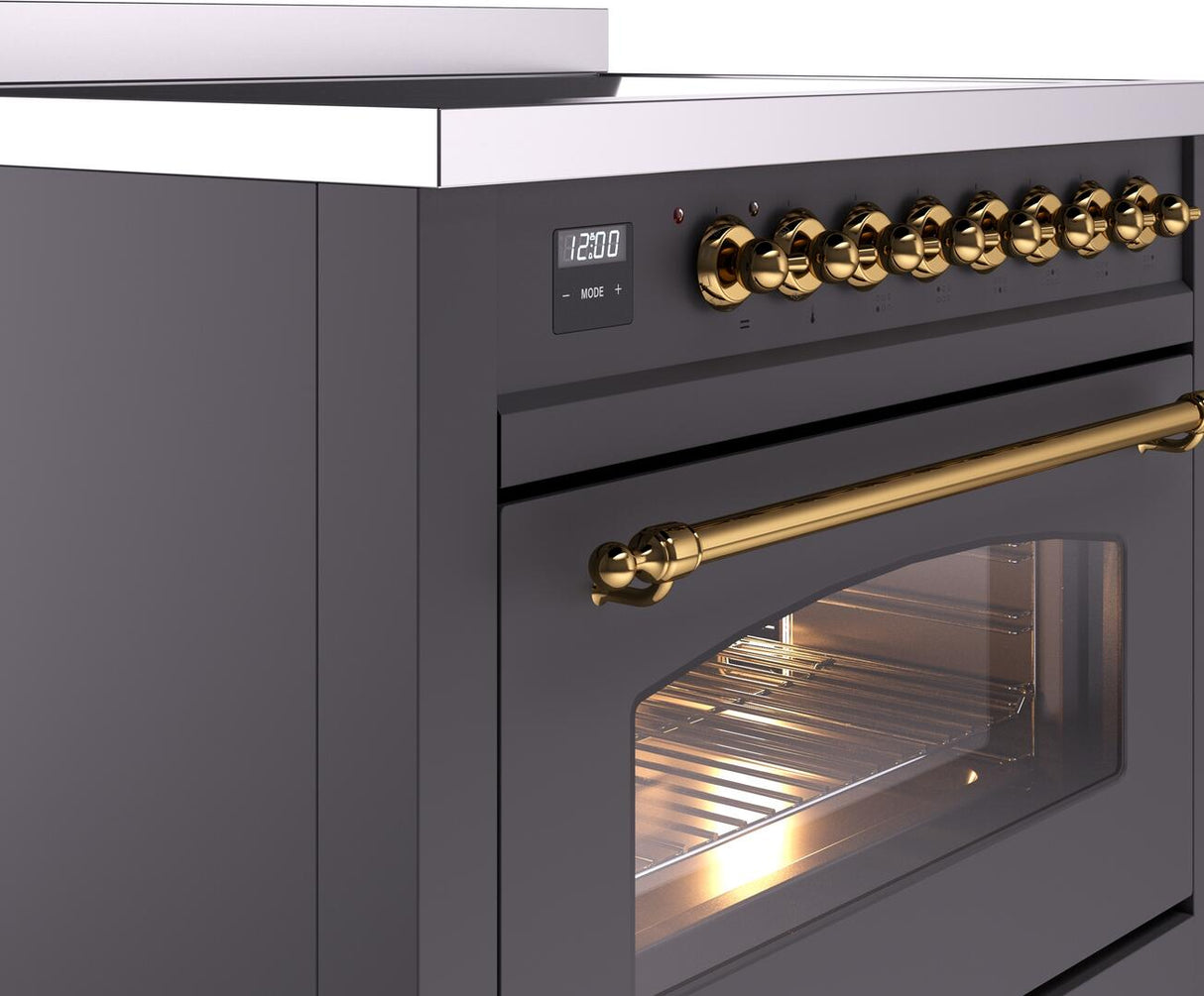 Nostalgie II 36 Inch Electric Freestanding Range in Matte Graphite with Brass Trim