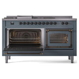 ILVE UN60FSNMPBGB Nostalgie II Noblesse 60 inch Dual Fuel Range (7 Sealed Burners + Griddle + French Top, Natural Gas, Triple Glass Door, Blue Grey, Burnished)