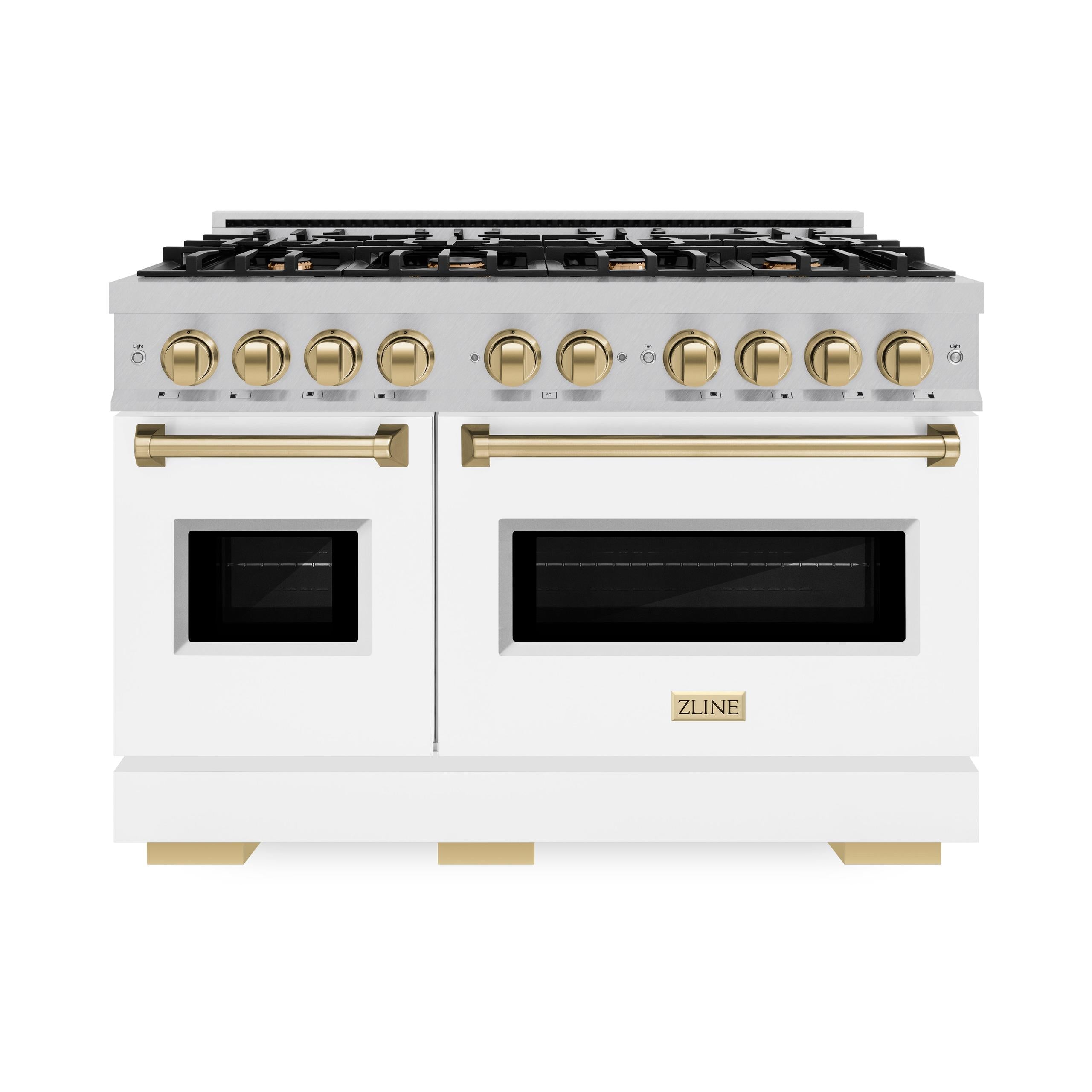 ZLINE Autograph Edition 48 in. 6.7 cu. ft. Classic Double Oven Dual Fuel Range with 8 Burner Gas Cooktop in DuraSnow' Stainless Steel with Black Matte Doors and Champagne Bronze Accents (CDRSZ-BLM-48-CB)