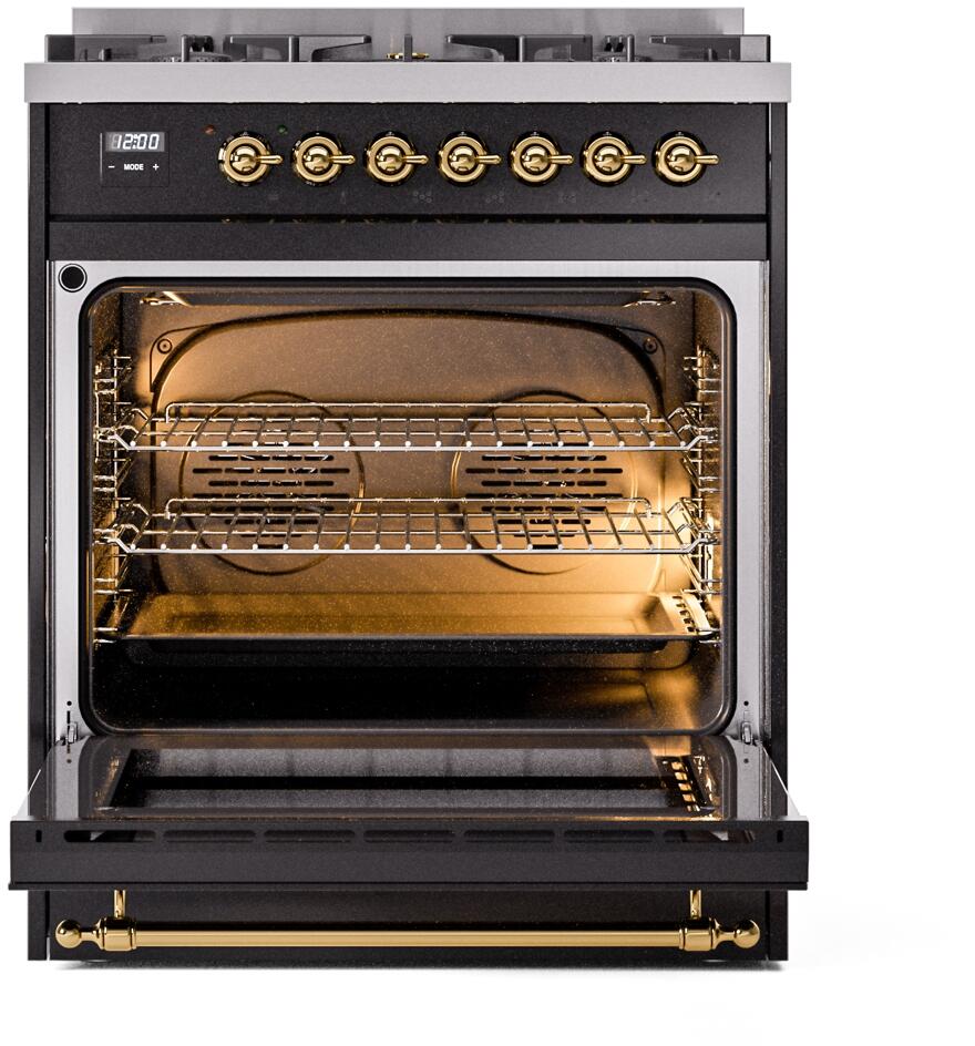 Nostalgie II 30 Inch Dual Fuel Natural Gas Freestanding Range in Glossy Black with Brass Trim