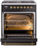 Nostalgie II 30 Inch Dual Fuel Natural Gas Freestanding Range in Glossy Black with Brass Trim