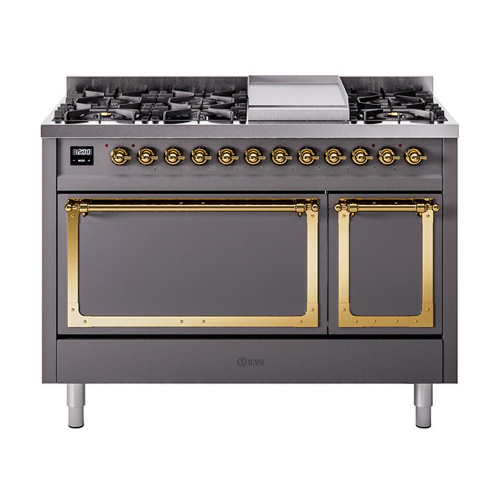 ILVE UN48FQNMPMGG Nostalgie II Noblesse 48 inch Dual Fuel Range (8 Sealed Burners + Griddle, Natural Gas, Solid Door, Graphite Matte, Brass)