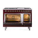 ILVE UN48FNMPBUB Nostalgie II Noblesse 48 inch Dual Fuel Range (8 Sealed Burners + Griddle, Natural Gas, Triple Glass Door, Burgundy, Burnished)