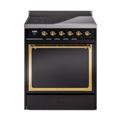 ILVE UNI304QNMPBKG Nostalgie II Noblesse 30 inch Induction Range (Solid Door, Glossy Black, Brass)