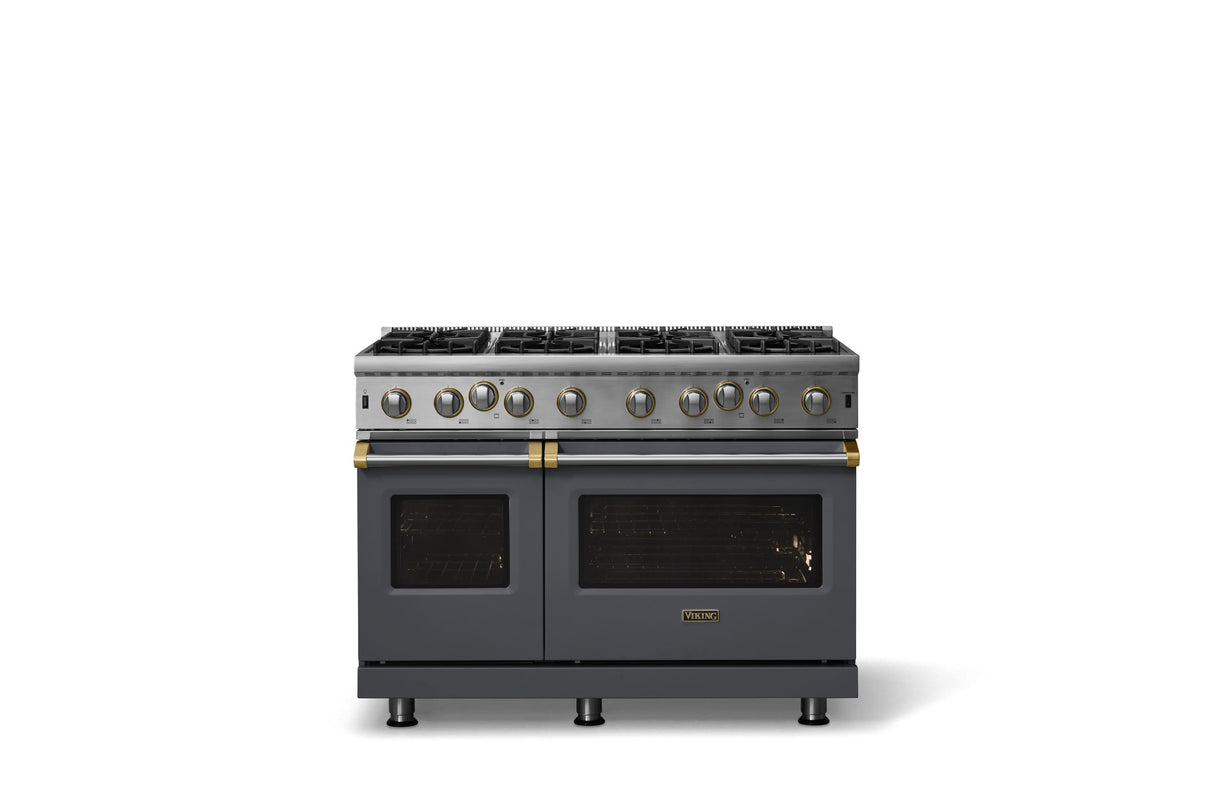 48"W. Open Burner Gas Range (Finish: Cast Black, Trim: Brushed Brass, Fuel: Natural Gas)