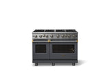 48"W. Open Burner Gas Range (Finish: Cast Black, Trim: Brushed Brass, Fuel: Natural Gas)