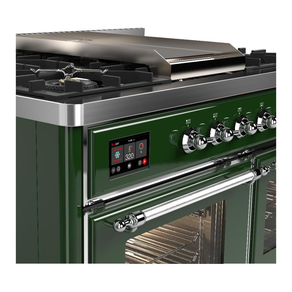 ILVE UMD40FNR3EGCLP Majestic III 40 inch Dual Fuel Range with 6 Burners and Griddle, Dual Function Burner up to 25,000 BTU (Liquid Propane, Triple Glass Door, Emerald Green, Chrome)