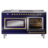ILVE UN60FSNMPMBG Nostalgie II Noblesse 60 inch Dual Fuel Range (7 Sealed Burners + Griddle + French Top, Natural Gas, Triple Glass Door, Midnight Blue, Brass)