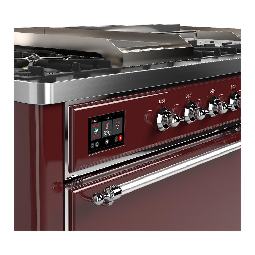 ILVE UM60FSQNR3BUC Majestic III 60 inch Dual Fuel Range with 7 Burners, Griddle and French Top, Dual Function Burner with up to 25,000 BTU (Natural Gas, Solid Door, Burgundy, Chrome)