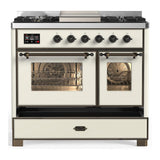 ILVE UMD40FNR3AWBLP Majestic III 40 inch Dual Fuel Range with 6 Burners and Griddle, Dual Function Burner up to 25,000 BTU (Liquid Propane, Triple Glass Door, Antique White, Burnished)