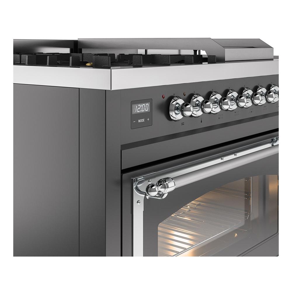 ILVE UN48FSNMPMGC Nostalgie II Noblesse 48 inch Dual Fuel Range (5 Sealed Burners + Griddle + French Top, Natural Gas, Triple Glass Door, Graphite Matte, Chrome)