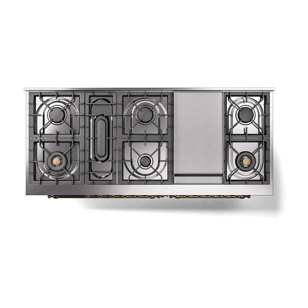 ILVE UN60FQNMPMBG Nostalgie II Noblesse 60 inch Dual Fuel Range (9 Sealed Burners + Griddle, Natural Gas, Solid Door, Midnight Blue, Brass)